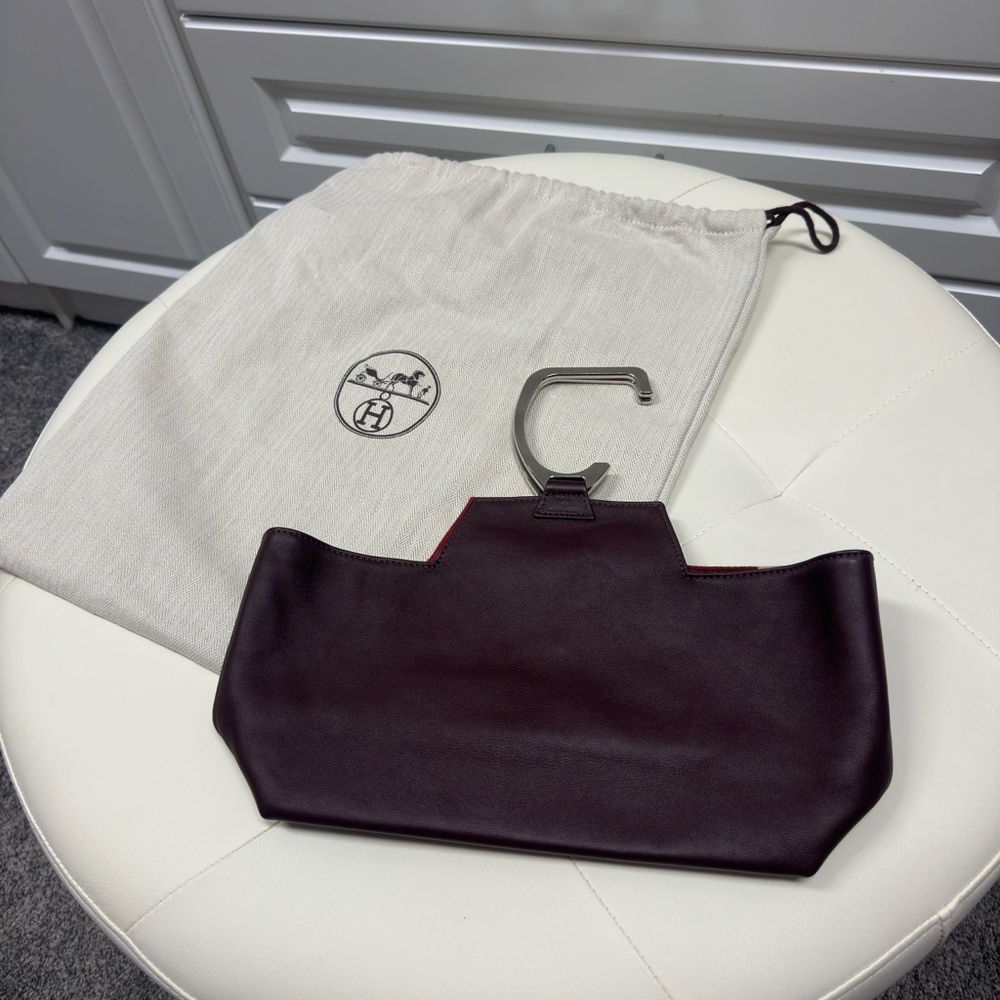 Hermes Dark Burgundy/brown reversible leather w printed silk and cashmere bag.